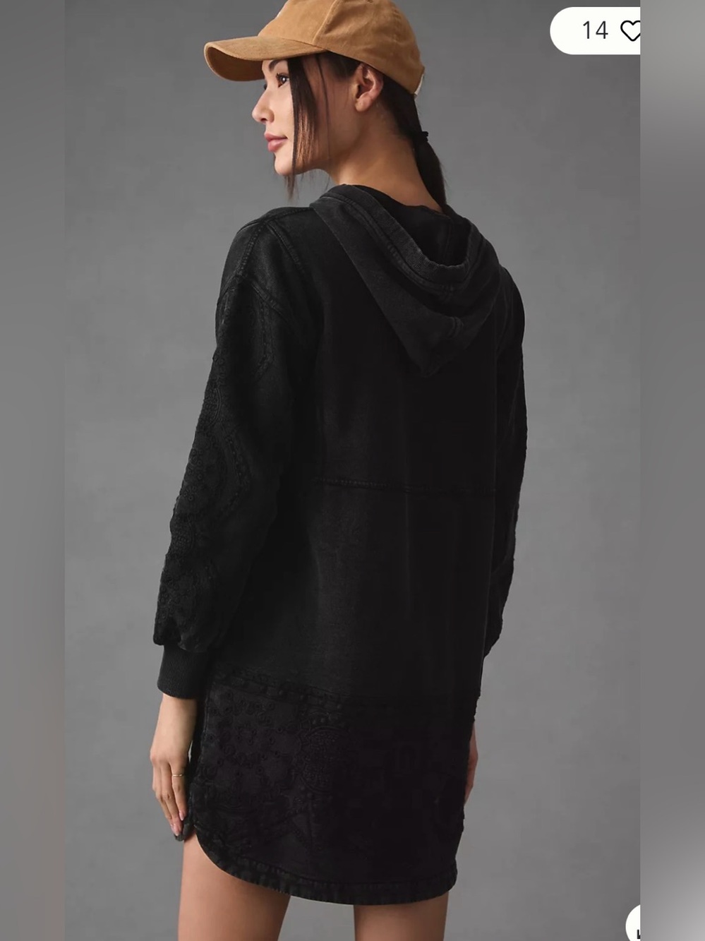 Anthropologie Daily Practice Black Embroidered Sweatshirt Mini Dress with Hood